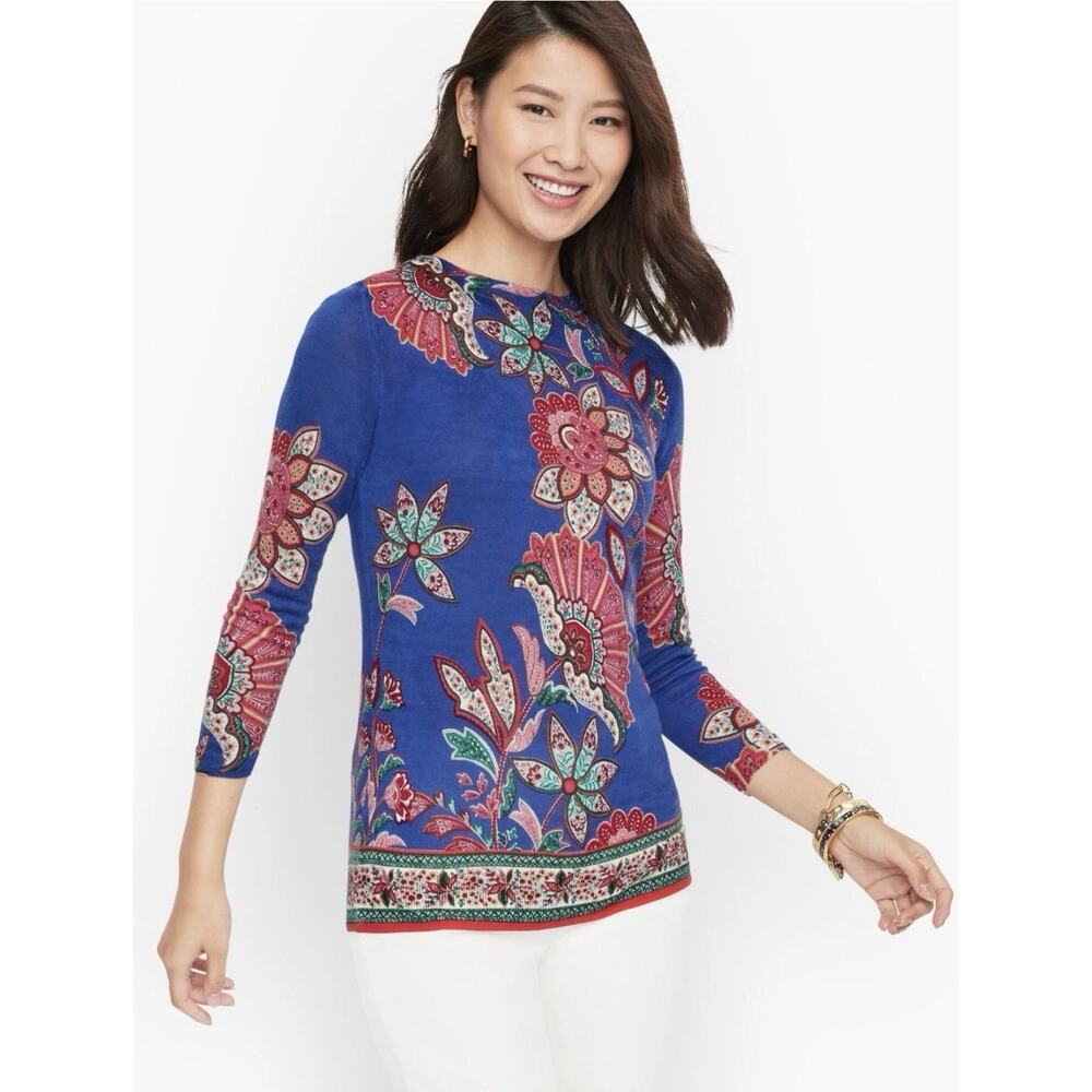 Talbots M Audrey Sweater 100% Merino Wool Blue Pink Winding Paisley 3/4 Sleeve